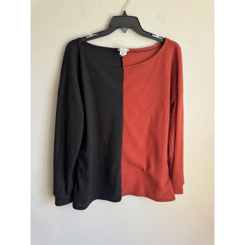 BiBi Red Black Colorblock Small Waffled Knit Sweater Women M Fall Oversized Cozy